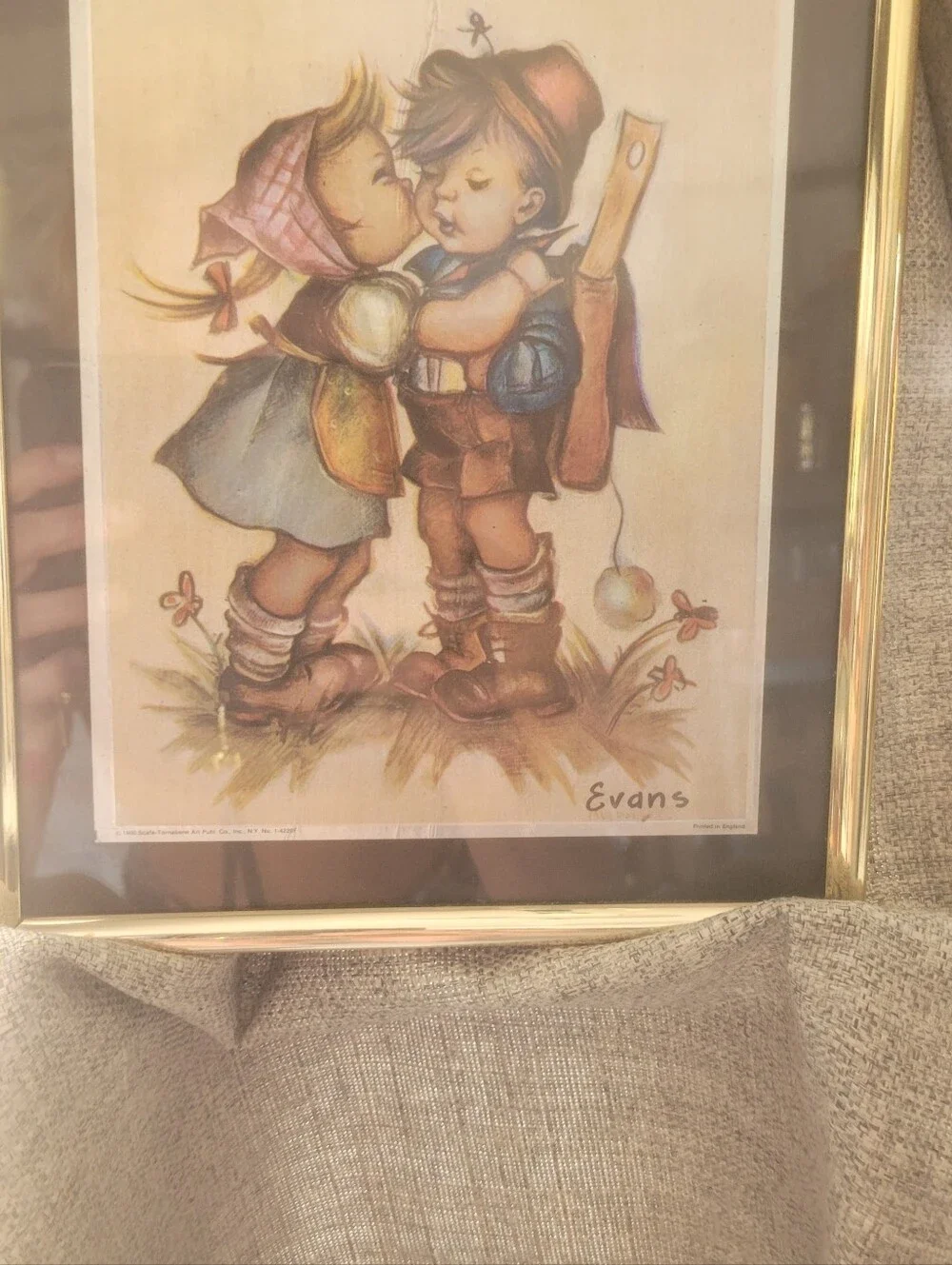 Hummel Lithograph PrintEvans Framed FIRST KISS in Gold and Black